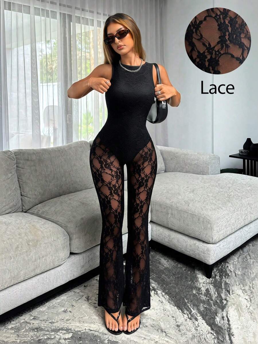Siren Gaze Elegant Black Lace Sexy See-Through Jumpsuit For Summer - Slimming Sleeveless Fit - Stylish Nightclub Party Outfit - Black - View 1
