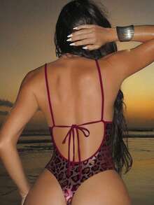 Swim SXY 女士时尚亮面面料深V露背连体泳衣，配丁字裤下装，海滩度假风，春夏款 - 彩色 - 查看 2