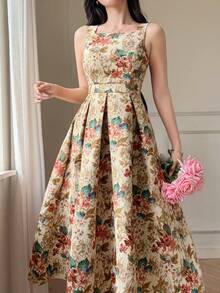 DAZY 女士优雅印花无袖连衣裙，方领设计，夏季 - 杏色 - 查看 7