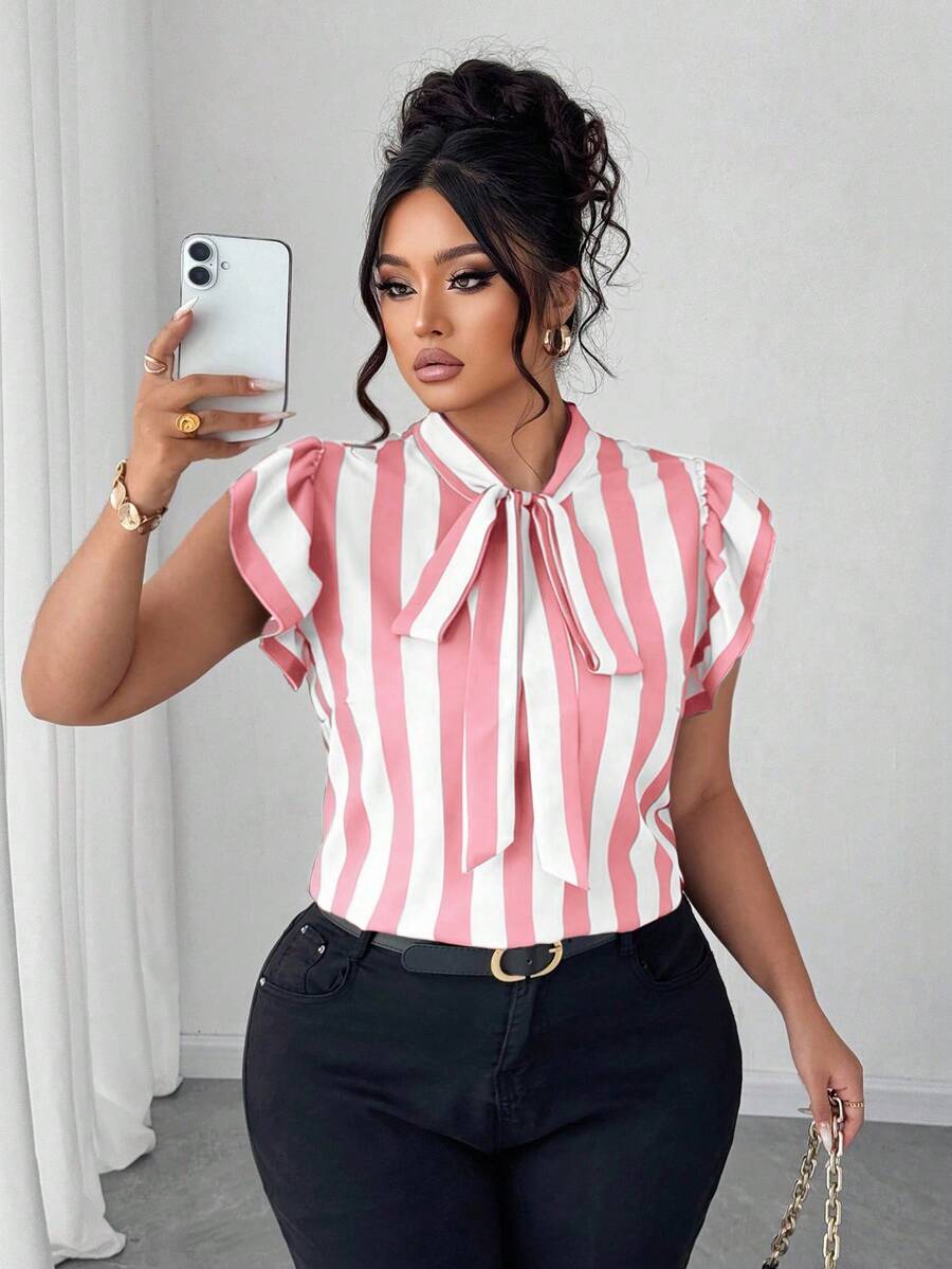 Elenzga Blusa de manga corta con cuello de corbata a rayas negras y blancas, para talla grande, para uso casual o laboral - Rosa vieja - Ver 1