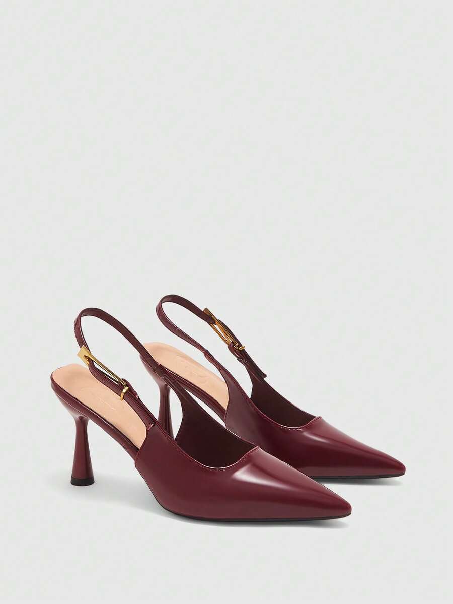 CUCCOO BIZCHIC 女士尖头细高跟酒红色后跟搭扣高跟鞋，日常舒适时尚通勤鞋，春季女鞋 - 酒紅色 - 查看 1
