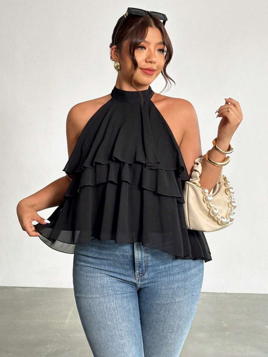 Firerie Plus Size Women Loose Ruffled Asymmetrical Chiffon Blouse - Black - View 1