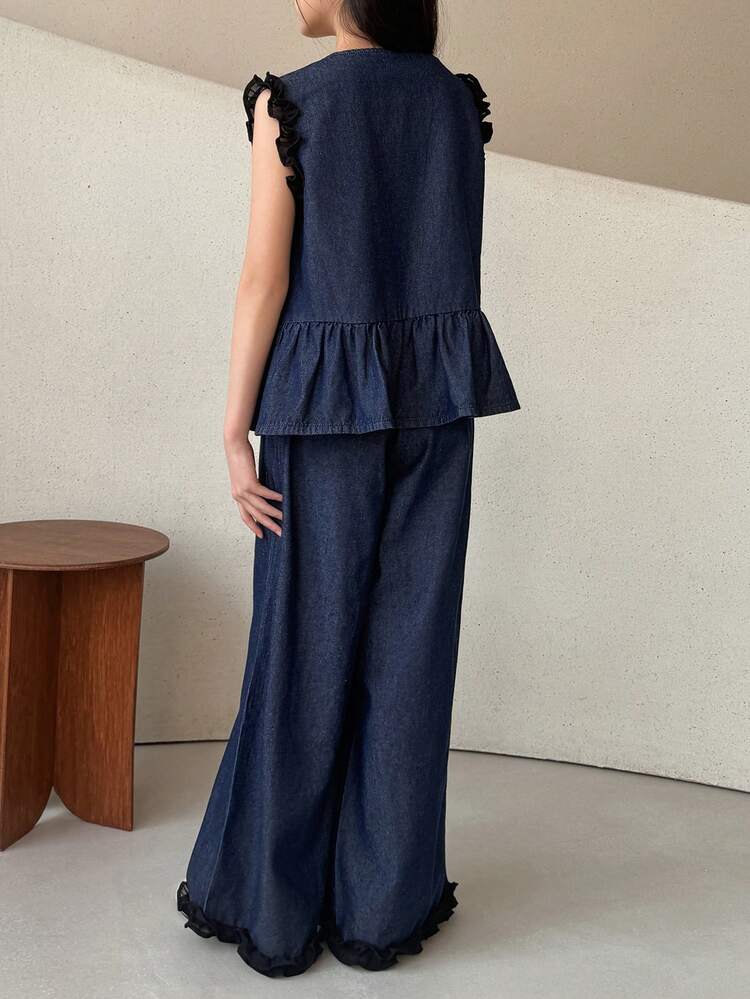 Tween Girl Summer Patchwork Ruffle Hem Casual Denim Tank Top And Jeans Set