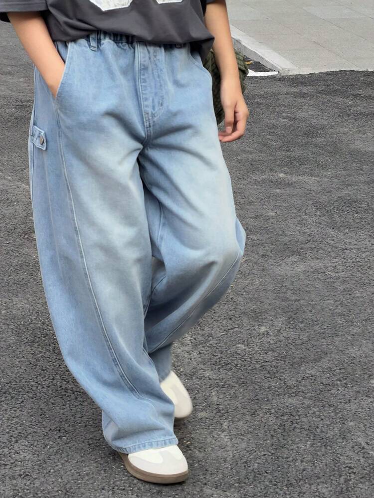 Tween Girls' Pocketed Wide Leg Loose Casual Versatile Jeans