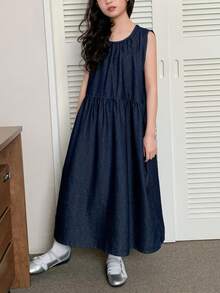 DAZY Đầm denim không tay cổ tròn cho bé gái tuổi teen - Màu xanh lam - Xem 4