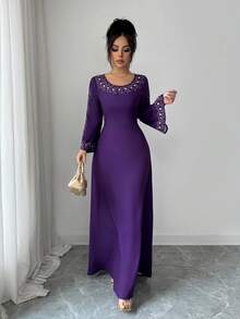 SHEIN Elenzya Vestido elegante y sofisticado para mujer con estampado de posicionamiento, manga larga, cuello redondo y silueta evasé - Morado - Ver 7