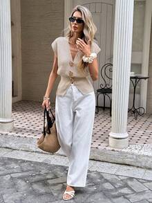 Serisse Women's Casual Sleeveless Knit Cardigan Sweater - V-Neck With Metal Buttons, Stylish Autumn Layering Vest Women's Casual Metal Buckle Knit Top, Summer,Summer ,Spring,Festival,Party , Birthday,Beach,Vacation,Casual,Wedding,Graduation, Going Out, Elegant, - Apricot - View 4