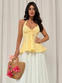 Firerie 女士休闲度假波点纹理面料吊带背心 黄色露背女士沙滩装 女士沙滩上衣 2026夏季 女士夏季度假、毕业季、婚礼季、返校季、复活节派对和午餐 可爱休闲夏季吊带背心 - 甜美、浪漫、乡村风格针织纹理，荷叶边细节，松紧腰，宽松下摆，前短后长设计，黄色细肩带上衣 派对 A 编号女士露领露背 - 黃色 - 查看 2