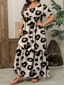 EMERY ROSE Gaun Lengan Pendek Kasual Motif Leopard Ukuran Besar untuk Wanita, Cocok untuk Musim Panas - MultiWarna - View 5