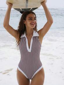 Swim SPRTY 新款夏季女士无袖 Polo 领条纹印花休闲运动泳衣 - 咖啡棕 - 查看 3