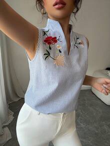 Rafferiza Petite Áo sơ mi nữ không tay, cổ vuông, thêu họa tiết sọc cotton thanh lịch, giản dị, thích hợp mặc đi làm và đi chơi, mùa xuân/hè - Xanh và trắng - Xem 7
