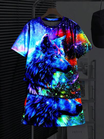 SHEIN Bộ 2 món gồm áo thun dệt kim tay ngắn cổ tròn in mực và quần short dệt trơn dành cho bé trai Een Boy.