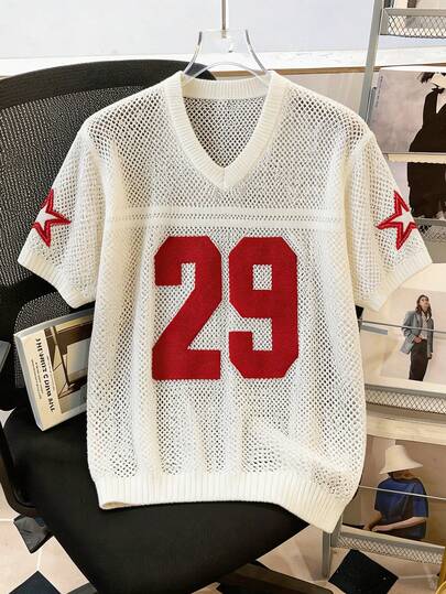 Manfinity Joysei 男士 V 领短袖数字印花镂空针织上衣