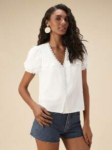 SHEIN TRVLCHIC Women's V-Neck Lace Casual Versatile Daily Wear Petal Sleeve Blouse,Summer Top Lace Trim Blouse Blouses Classic Blouses For Women - White - View 1