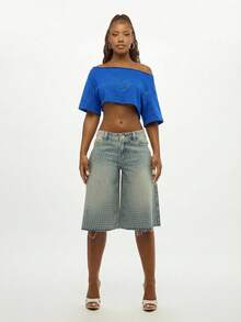SUMWON WOMEN Áo croptop trễ vai nữ tay ngắn đính đá lấp lánh, kiểu dáng thời trang mùa hè. - Màu xanh lam - Xem 4