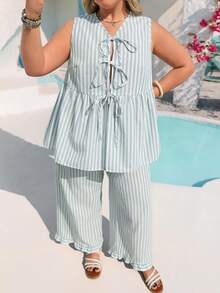 Vivid Eden Spring Summer Vacation Woven White Tank Top Pants 2 Pieces Plus Size Set Brunch Beach - Green - View 3