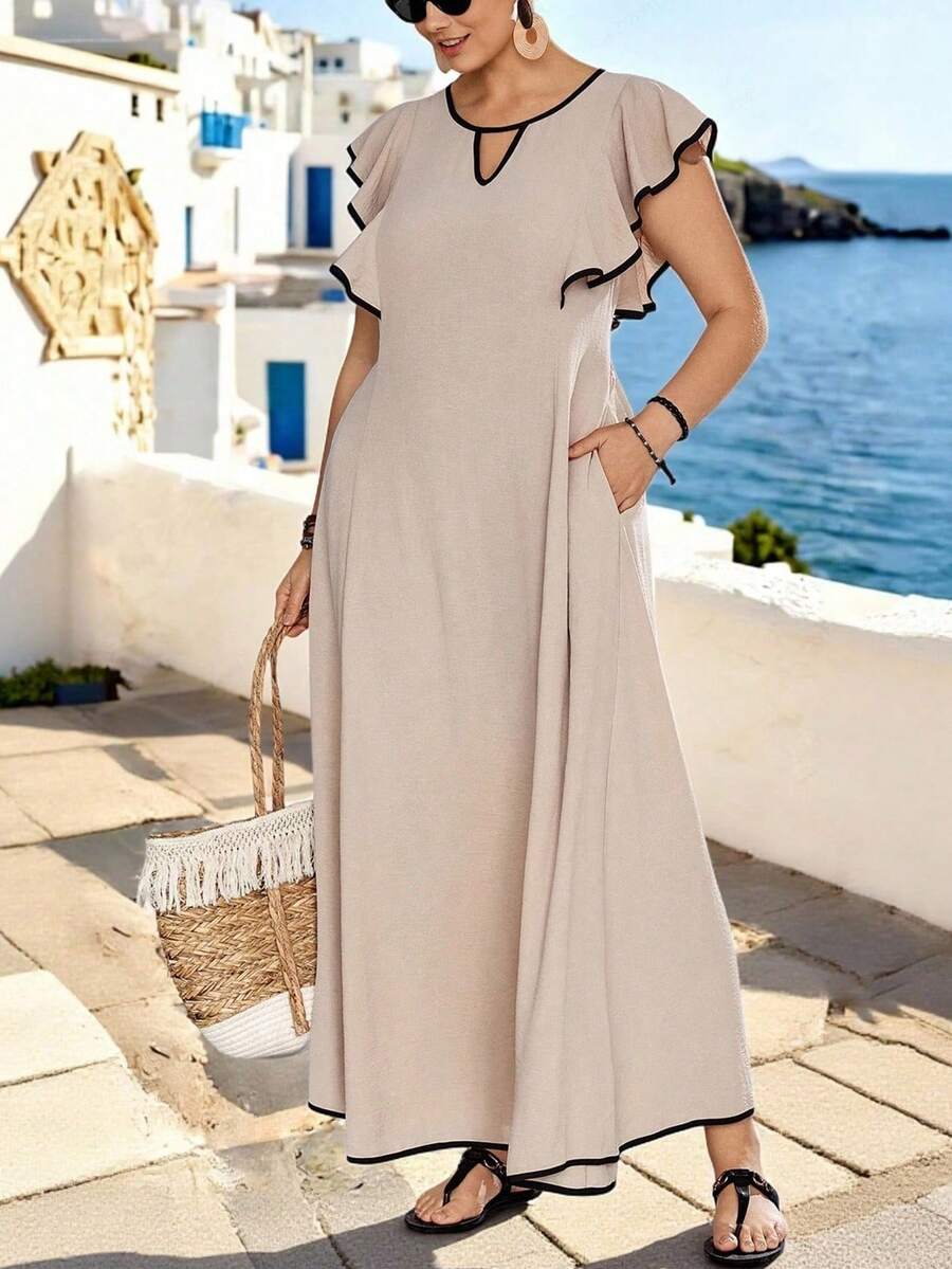 EMERY ROSE Gaun Midi Wanita Ukuran Plus dengan Potongan Warna Khaki, Trim Ruffle, dan Leher Lubang Kunci, Dilengkapi Saku. - Khaki - View 1