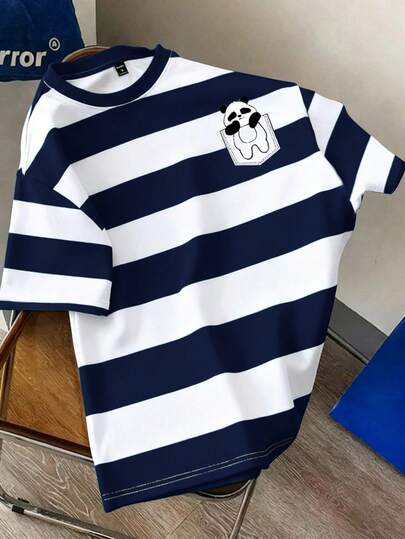 Manfinity Joysei Camiseta de verano casual para hombres con estampado de rayas de contraste y panda