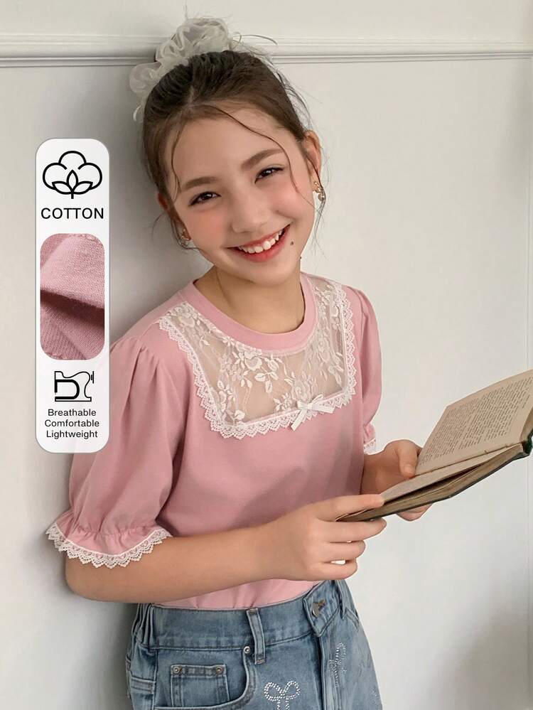 Tween Girl Contrast Lace Bow Decor Short Petal Sleeve T-Shirt