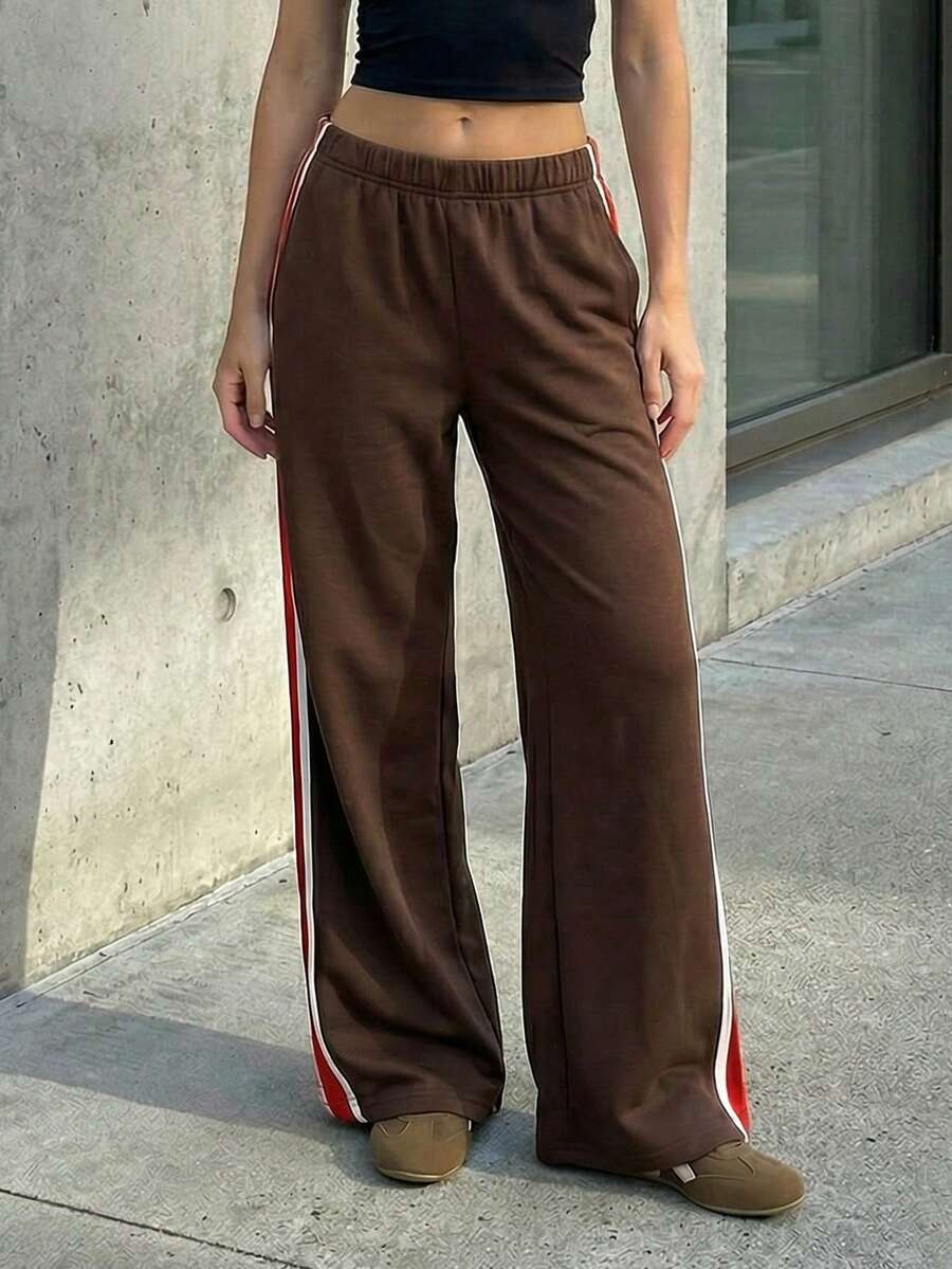 SHEIN ICON 女士弹力腰侧条纹阔腿宽松运动裤 - 棕色 - 查看 1