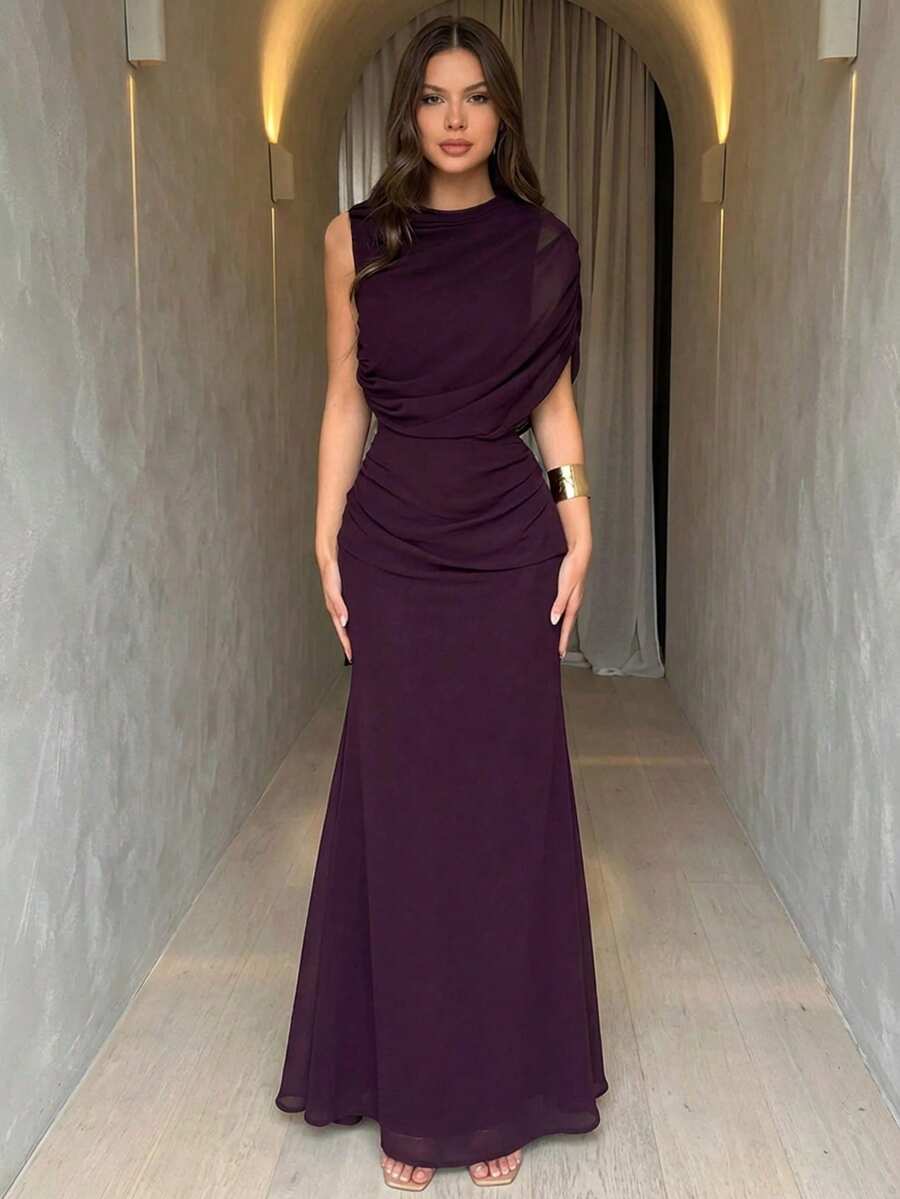 Aloruh 女士优雅单肩不对称腰身网纱紫色长裙