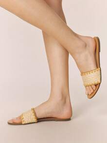 Styleloop Stilvolle gewebte Sandalen mit flachem Boden, bequeme Mule Sandalen, Urlaubsstil Sandalen, Flache Sandalen, Strand Sandalen - Gelb - Übersicht 9
