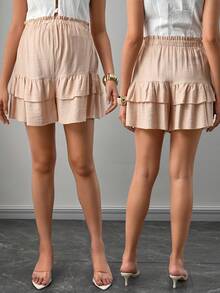 Momance Maternity Solid Color Frill Waist Ruffle Hem Skort - Khaki - View 1