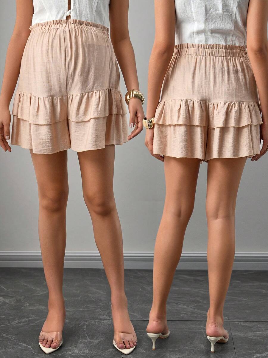 Momance Maternity Solid Color Frill Waist Ruffle Hem Skort - Khaki - View 1