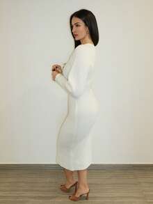 MDEdit 女式 V 领长袖收腰长款针织毛衣裙，秋季 - 白色 - 查看 4