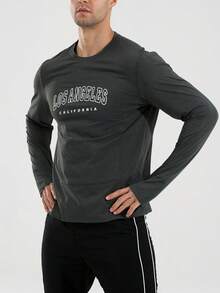 Manfinity Acti Log 男士字母印花长袖运动T恤 - 深灰色 - 查看 1