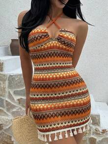 Sunnyshic Women's Orange Crochet Fabric Fitted Bust Pleated Hollow Criss-Cross Halter Tie Design Sexy Chic Bohemian Beach Vacation Mini Dress - Orange - View 5