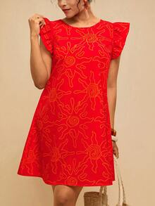Travachic Plus Size Women's Red Abstract Line Print Dress, Round Neck Abstract Sun Pattern Loose Short Dress - Red - View 4