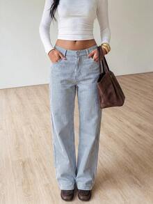 Siren Gaze 女士条纹口袋休闲直筒日常百搭时尚牛仔裤 - 彩色 - 查看 5