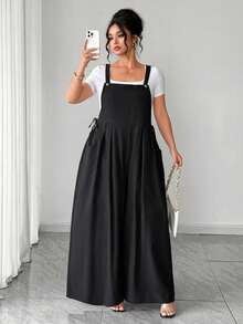 Cravure Plus Size Women Solid Color Pleated Design Casual Jumpsuit - Black - View 1
