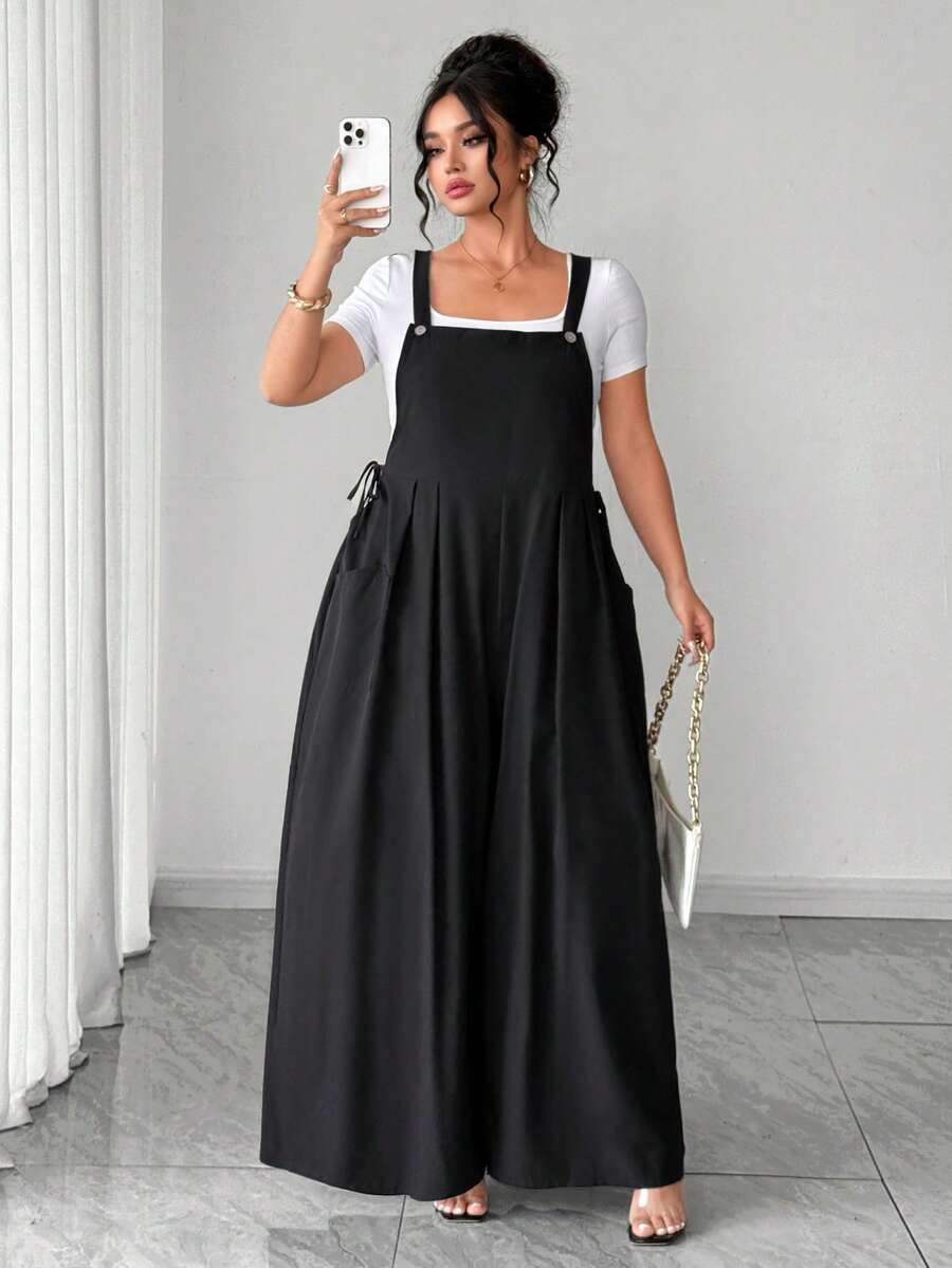 Cravure Plus Size Women Solid Color Pleated Design Casual Jumpsuit - Black - View 1