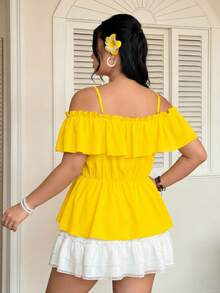FleurLily Plus Size Solid Color Romantic Ruffled Sleeve Design Camisole Shirt Peplum Top Women Summer Shirts Summer Clothes Yellow Blouse Women Clothes - Yellow - View 2