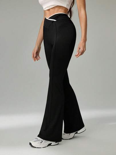SHEIN Tall 2025 Autumn And Winter New Style Casual Simple Versatile Black Cross Contrast Edge Waist Flared Women Pant, Suitable For Back To School, Homecoming, Halloween, Rave Outfits Festival, Going Out Outfits, Gym, Joggers, Brunch Outfits For Women, Party Flared Leggings Black Flare Pants Bell Bottom Pants Black Leggings Flared Sweatpants,Fall,Fall Clothes For Women,Winter Clothes For Women