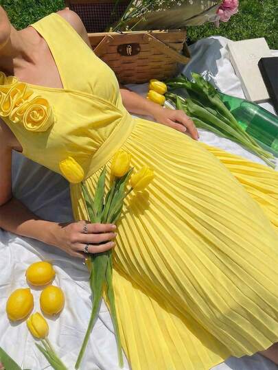 SHEIN 1pc Elegant Woven Fabric Dress With 3D Floral Decor, V-Neck Sleeveless Patchwork Ruffle Hem Waist Fitted Dress, Suitable For Daily, Party, Banquet