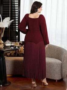 Modelyn Elegant Solid Color Diamond Decor Collared Long Sleeve Fitted Top And Solid Color Pleated Skirt Plus Size 2-Piece Set - Burgundy - View 2