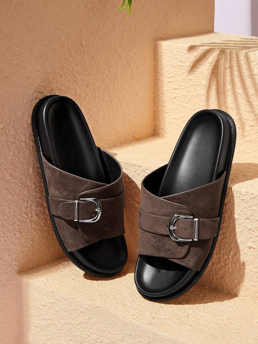 HighSole 女款增高寬帶露趾休閒舒適室內外平底拖鞋 - 棕色 - 查看 1