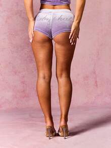 BABYPHAT Women's Luxe Velour Rhinestone Embellished Drawstring Shorts With Sparkle Script Detail For Loungewear And Casual Comfort - Mauve Purple - View 3