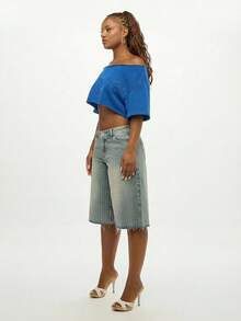 SUMWON WOMEN Áo croptop trễ vai nữ tay ngắn đính đá lấp lánh, kiểu dáng thời trang mùa hè. - Màu xanh lam - Xem 5