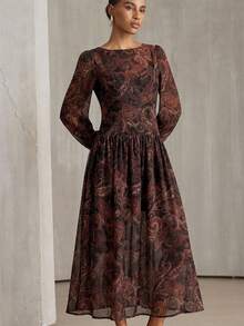 Aveloria Modichic Đầm dài tay nhẹ nhàng, tối giản, chất liệu chiffon chấm bi phong cách retro. - màu nâu - Xem 7