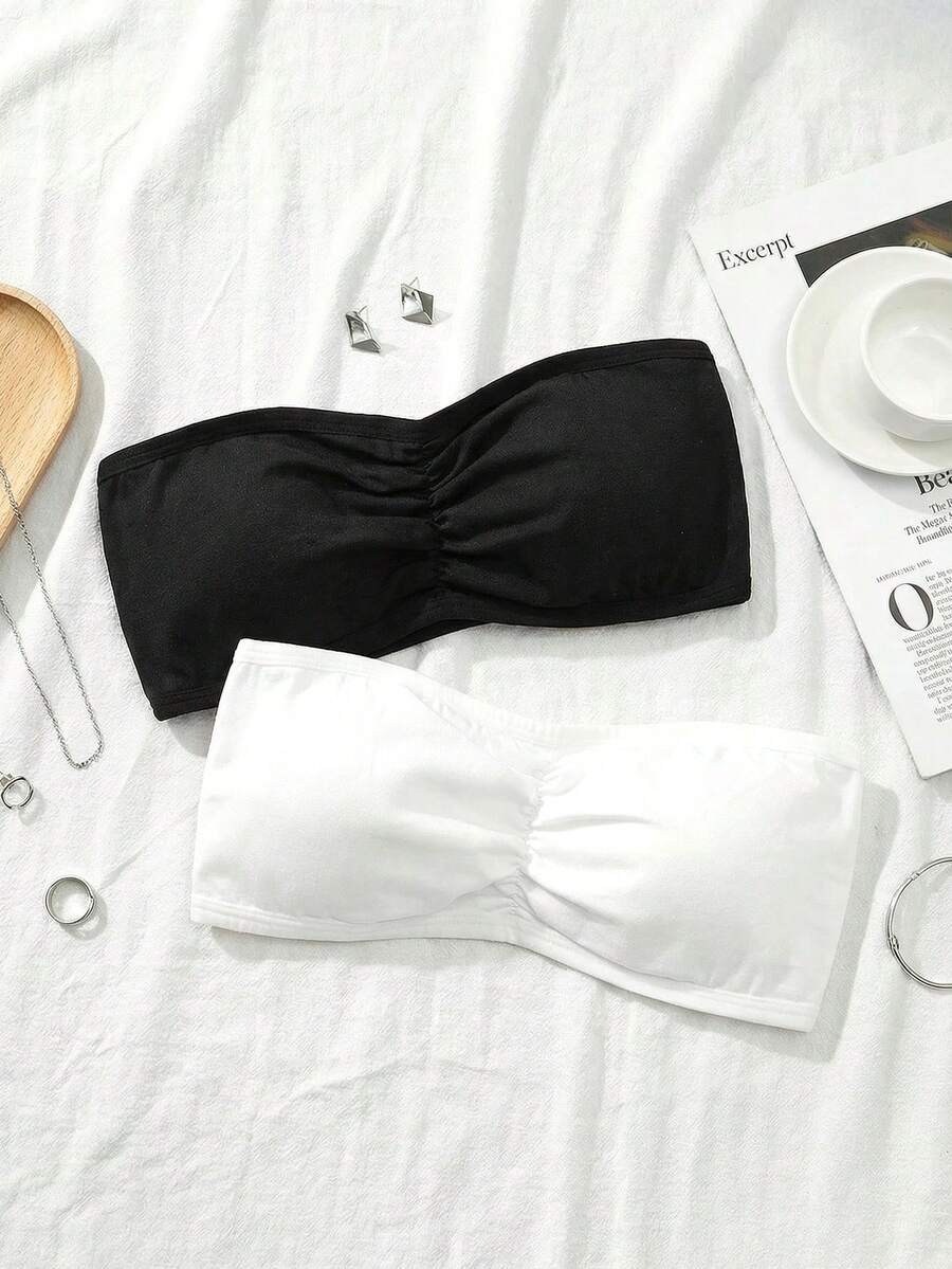 SHEIN Conjunto de 2 piezas con bralette acolchado sin costuras para niñas preadolescentes - Blanco y Negro - Ver 1