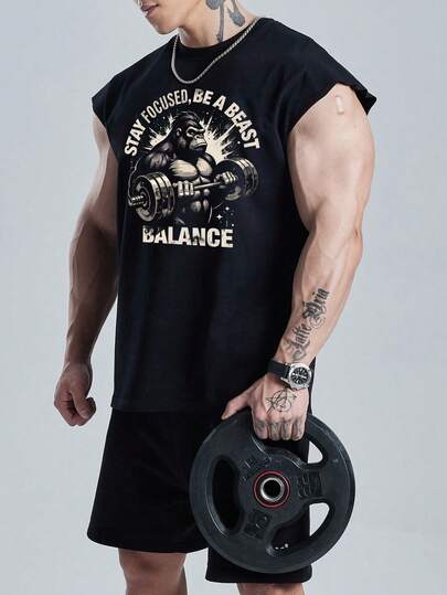 GymBeat 男士标语大猩猩印花圆领运动T恤 健身T恤 男士肌肉背心 健身T恤 健身短袖