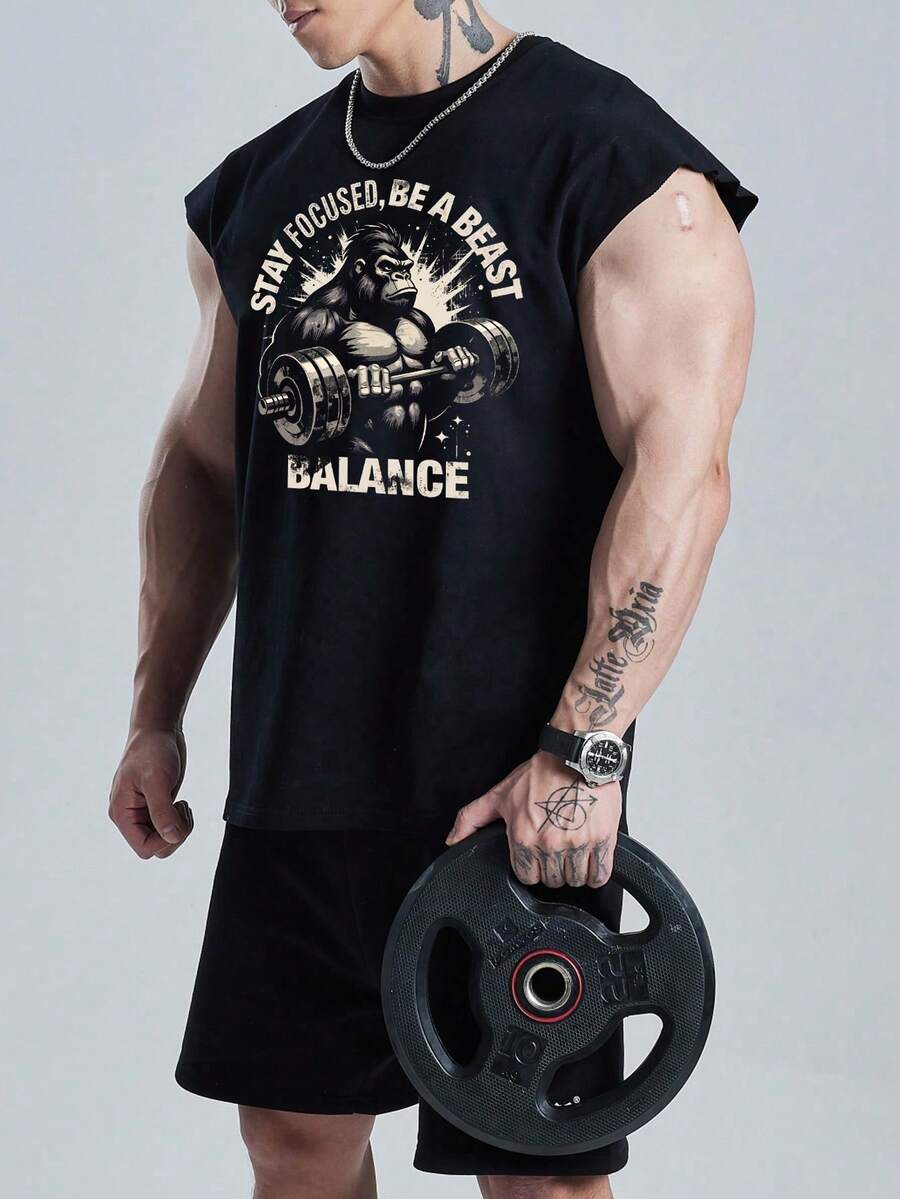 GymBeat Men's Casual Sports Printed Muscle Tank Dumbbell Logo Summer Gym Tank Top, Lightweight - Black - View 1
