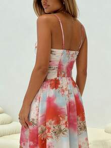 INAWLY Tie Dye Floral Slip Dress With Deep V-Neck & Twist Waist, Gradient Orange-Pink & Soft Mint Color, Relaxed French Style For Dates/Vacations - Multicolor - View 2