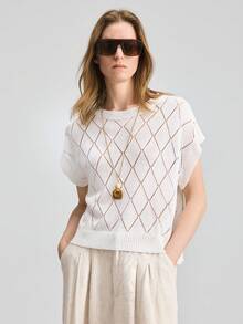 Ontre Loose Slouchy Diamond Hollow Knit Sweater - Beige - View 3