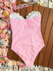 Swim Mod 度假沙滩条纹珍珠吊带连体泳衣 - 粉色 - 查看 2