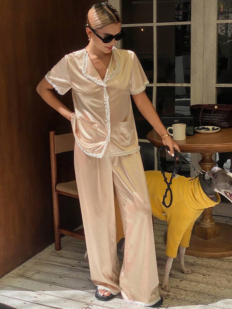 2pcs Satin & Lace Patchwork Loose Cardigan Short Sleeve Top And Wide Leg Long Pants Pajama Set, Suitable For Summer And Spring
